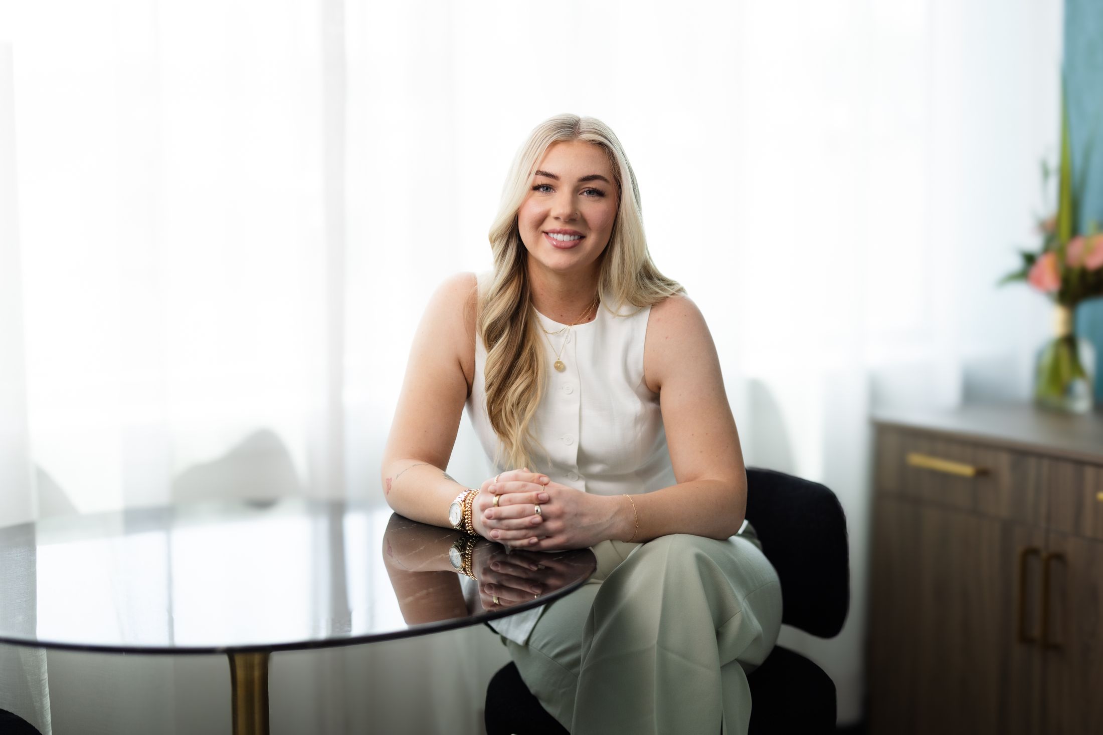 Woman with natural makeup and soft, glowing skin.